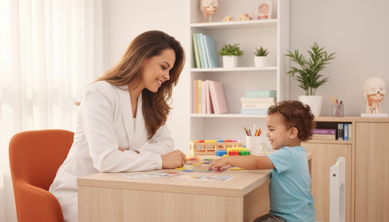 Fonoaudióloga em sessão com criança - momento de conexão e aprendizado